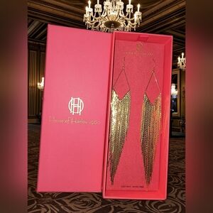 House Of Harlow 1960 Gold Fringe waterfall liquid gold Earrings 6.5 inch NIB